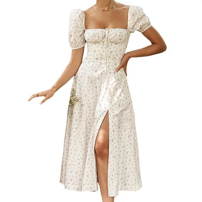 Summer Floral Milkmaid Dresses for Women Square Neck Puff Sleeve Split A-Line Boho Maxi Dress Casual Flowy Beach Long Sundresses, H, 3X-Large