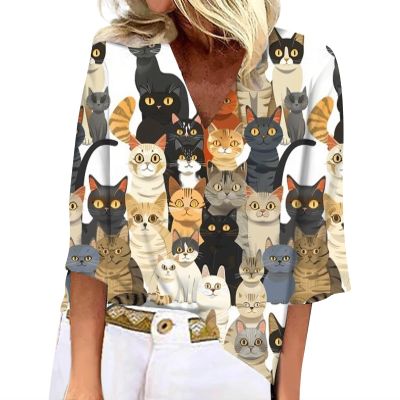 BIVENANT 3/4 Length Sleeve Womens Tops Plus Size Boho Tops for Women 2024 Cat Summer 3/4 Sleeve Tops for Women Summer Short Sleeve V-Neck Cotton Womens Animal Print Blouses and Tops