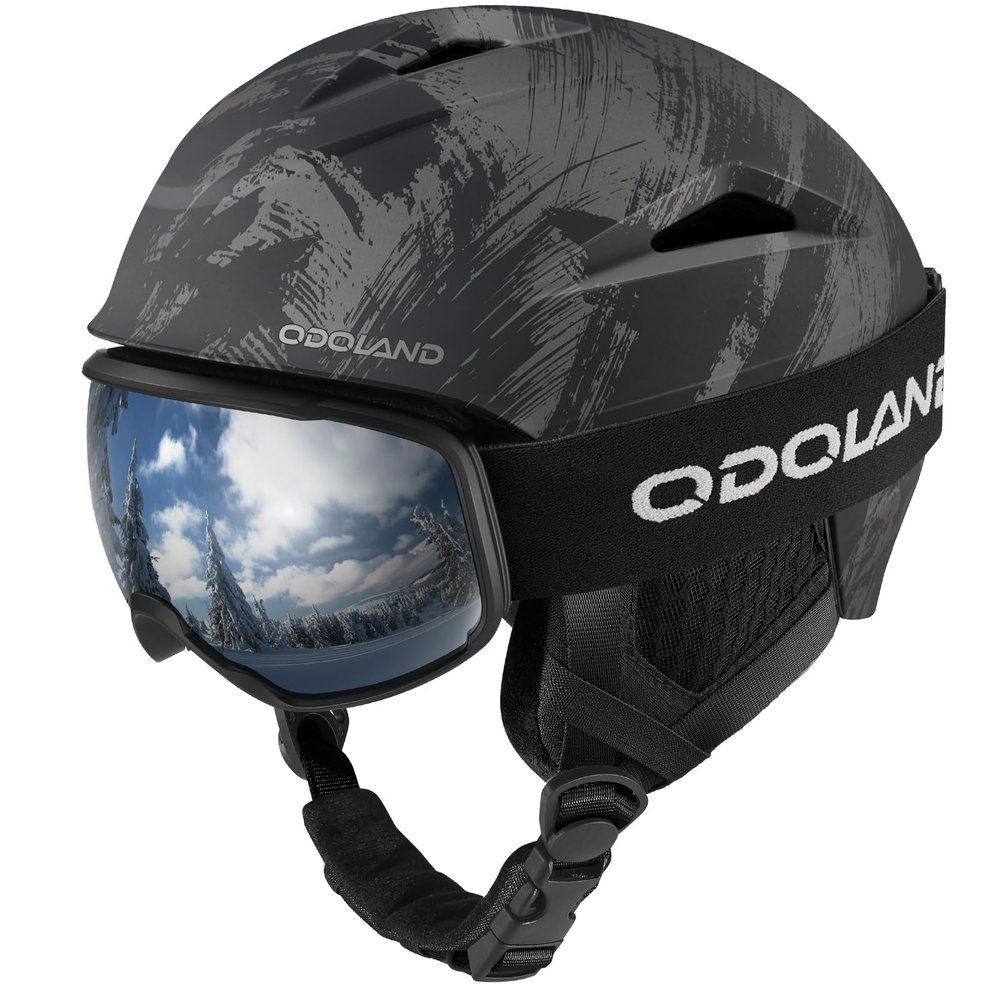 Odoland Snowboard Helmet, Ski Helmet with Ski Goggles for Adults, Durable PC Shell & EPS Foam, Safety Snow Helmets Goggles for Men Women Youth, Rock Black, M