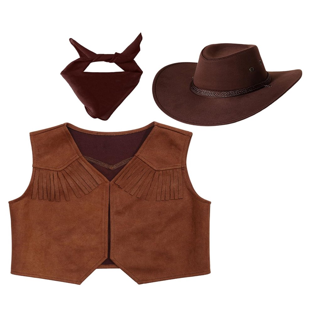 Manyakai Unisex Children Cowboys Cowgirls Outfits Sleeveless Waistcoat Tops with Bandana Hats for Stage Party Brown 8 Years