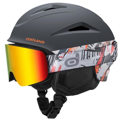 Odoland Ski Helmet, Snowboard Helmet with Ski Goggles for Adults and Youth, Audio Compatible, Shockproof, Windproof, Safety Snow Sports Helmet and Protective Glasses for Men Women, Black Orange, M