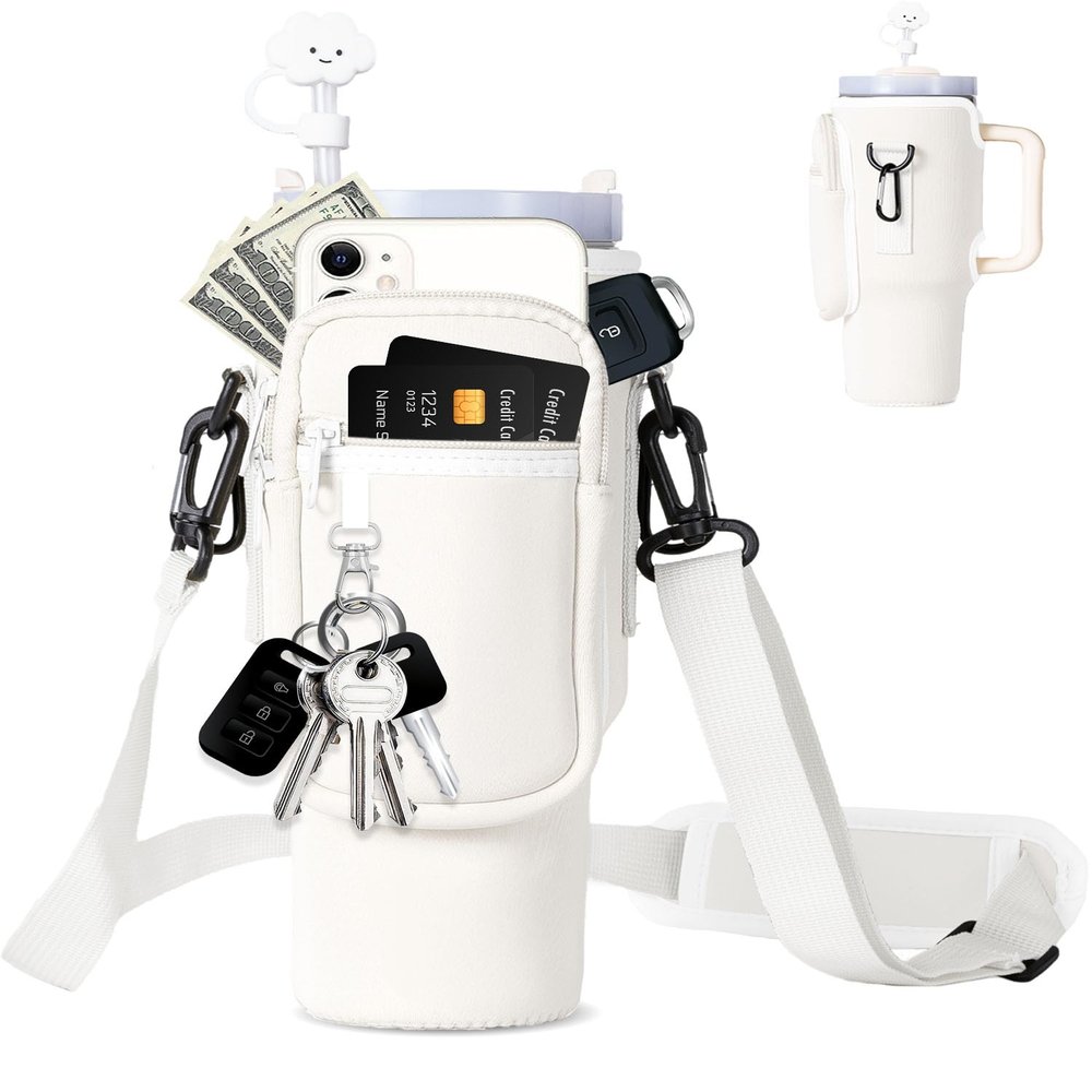dabria Water Bottle Carrier Bag with Phone Pocket for Stanley 40/30 oz Tumbler Neoprene Water Bottle Holder Pouch with Adjustable Strap Bollus with Straw Cover for Stanley Cup Accessories