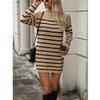 Womens Long Sleeve Turtle Mock Neck Striped Knit Midi Sweater Dress Jumper Tops Fall Outfits Khaki view 3
