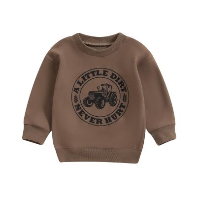 MoZiKQin Toddler Baby Boy Sweatshirt Tractor Print Crewneck Pullover Sweater Long Sleeve Shirt Fall Farm Clothes (Little Dirt Brown,12-18 Months)