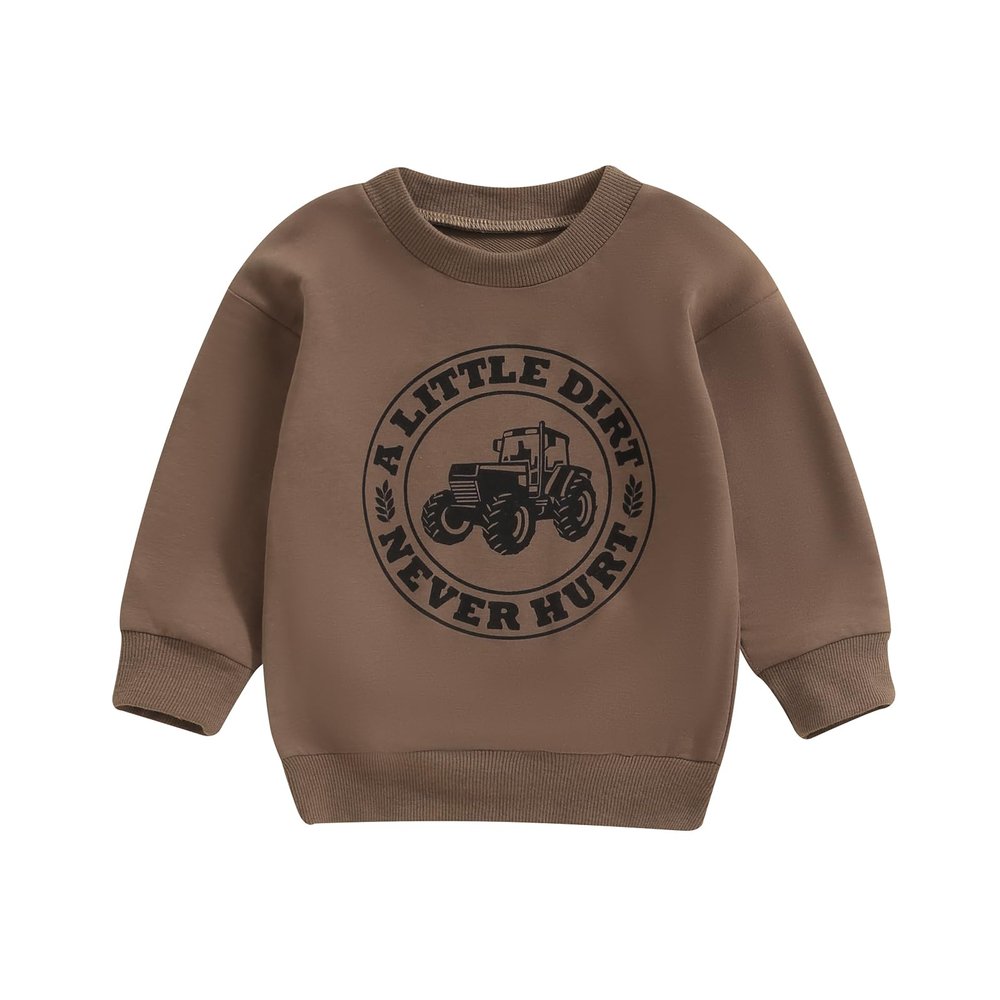 MoZiKQin Toddler Baby Boy Sweatshirt Tractor Print Crewneck Pullover Sweater Long Sleeve Shirt Fall Farm Clothes (Little Dirt Brown,12-18 Months)