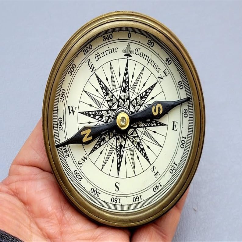 Vintage Brass Marine Compass with Robert Frost Ppoem on lid. Camping and Hiking Pocket Brass Compass