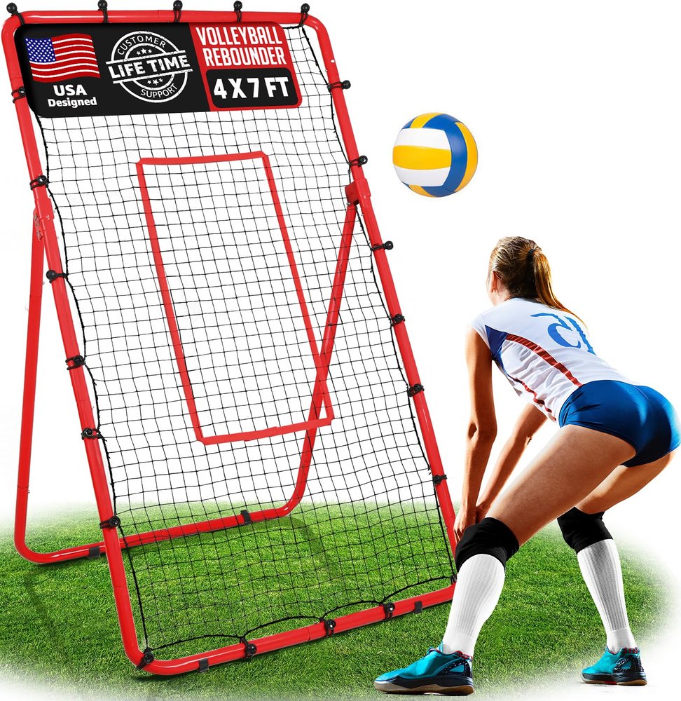 ZEALFEEL Volleyball Rebounder, 6-Angle Adjustable 4x7 FT Volleyball Rebound Net for Backyard with Steel Frame & High-Tension PE Netting, Volleyball Bounce Back Net Practice for Setting Spiking Bumping