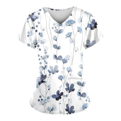 Uniformes Medicos Mujer V Neck Short Sleeve Nursing Scrubs Petite Cute Printed Stretchy Workwear Moisture Wicking Medical Scrub Tops (K-Blue,5X)