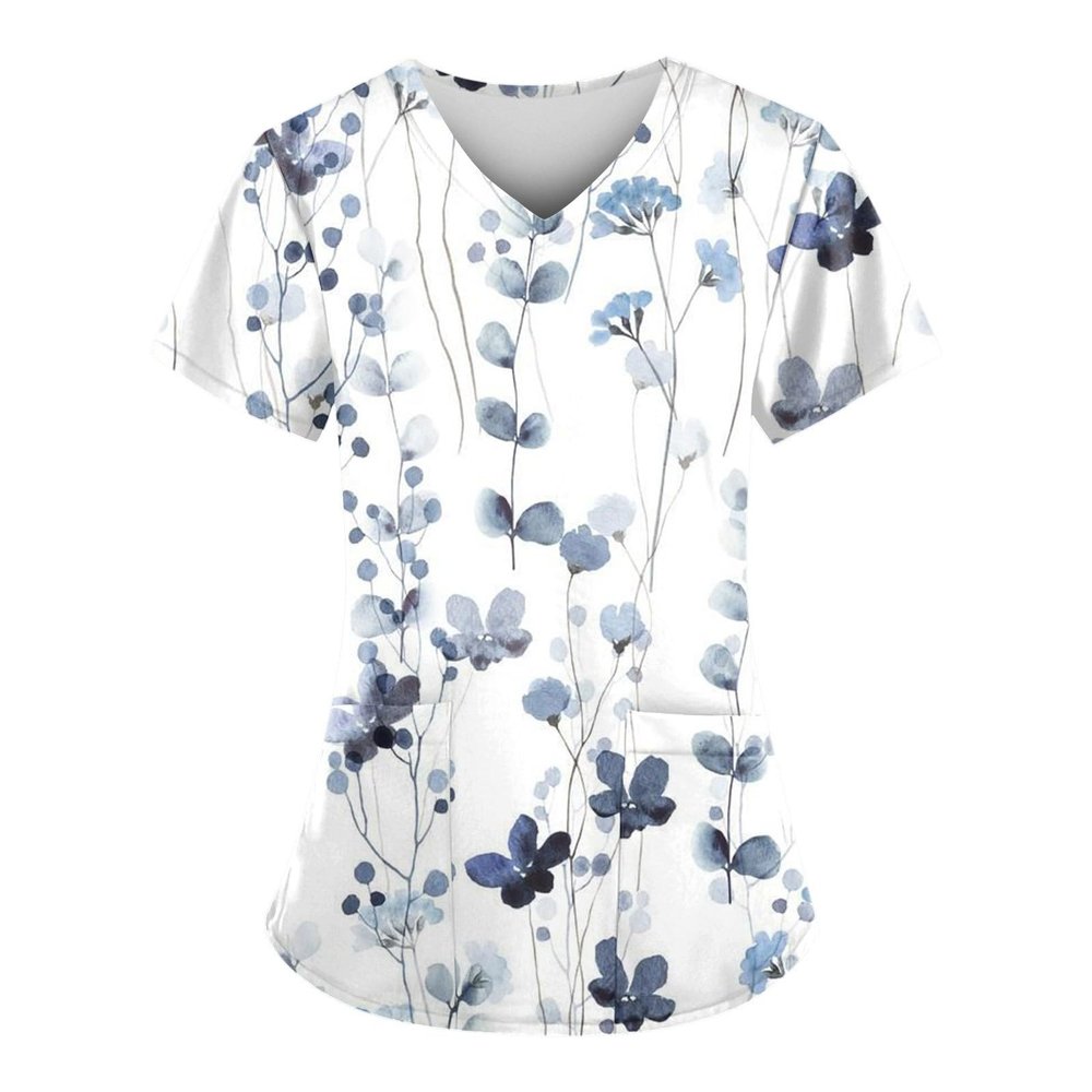 Uniformes Medicos Mujer V Neck Short Sleeve Nursing Scrubs Petite Cute Printed Stretchy Workwear Moisture Wicking Medical Scrub Tops (K-Blue,5X)