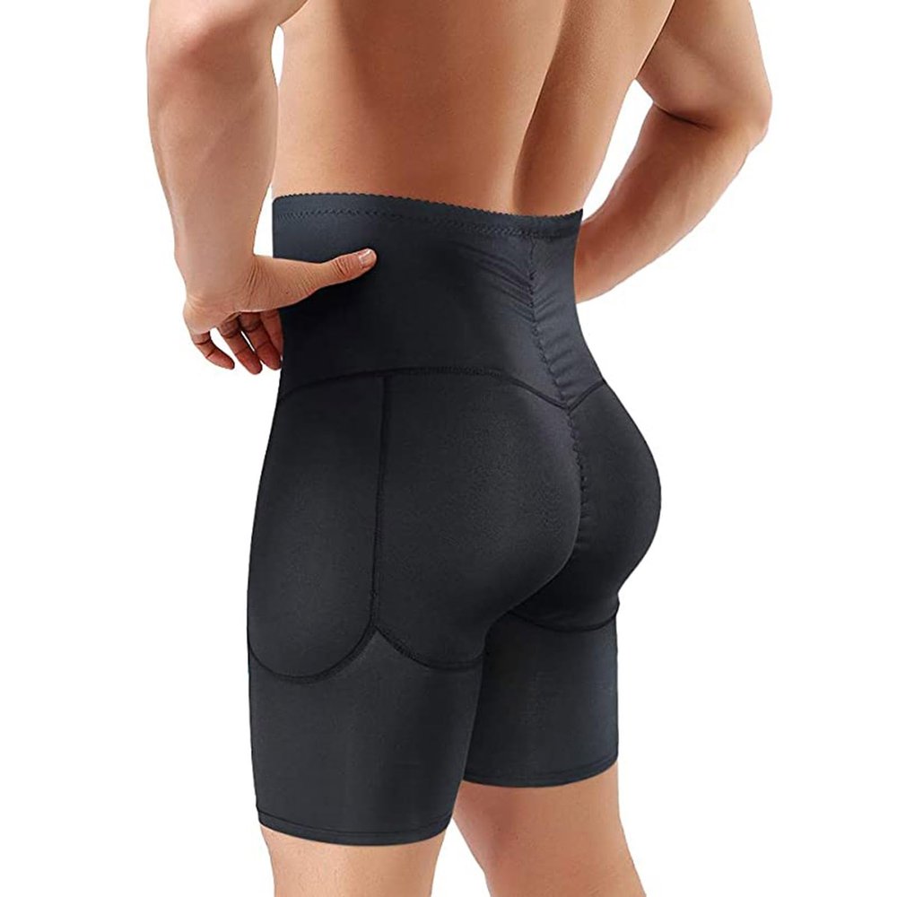 HUSILKY Men Butt Lifter Shapewear Padded Briefs Boxers High Waist Body Shaper Tummy Control 4 Detachable Pads(Black,XX-Large)