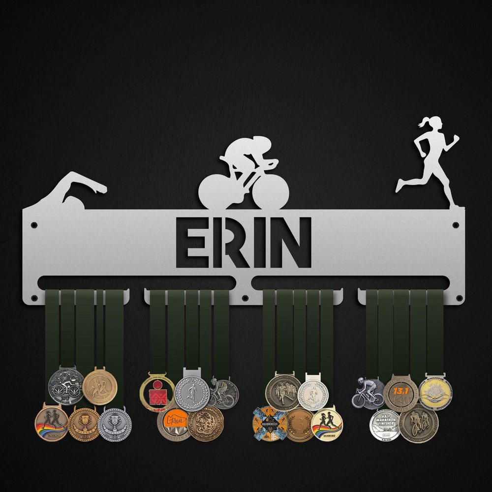 Bafidica Personalized Triathlon Metal Medal Hanger Rack Custom Swim Bike Run Metal Medal Holder Customizable Triathlete Woman Medal Display Rack Sport Metal Medal Frame (White, 27.55 Inch - 3 Hanger)