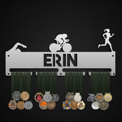 Bafidica Personalized Triathlon Metal Medal Hanger Rack Custom Swim Bike Run Metal Medal Holder Customizable Triathlete Woman Medal Display Rack Sport Metal Medal Frame (White, 27.55 Inch - 2 Hanger)