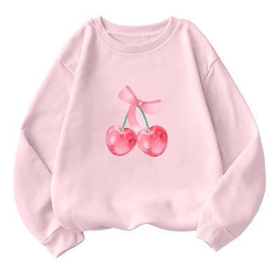 Akklian Cute Sweatshirt for Women Cherry Bow Print Long Sleeve Kawaii Pullover Oversized Loose Teen Girl Preppy Clothes Pink