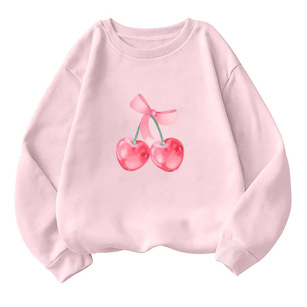 Akklian Cute Sweatshirt for Women Cherry Bow Print Long Sleeve Kawaii Pullover Oversized Loose Teen Girl Preppy Clothes Pink