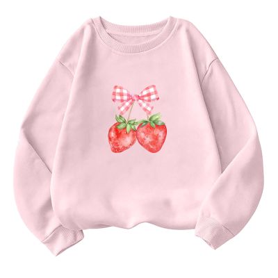 Akklian Cute Sweatshirt for Women Cherry Bow Print Long Sleeve Kawaii Pullover Oversized Loose Teen Girl Preppy Clothes Pink