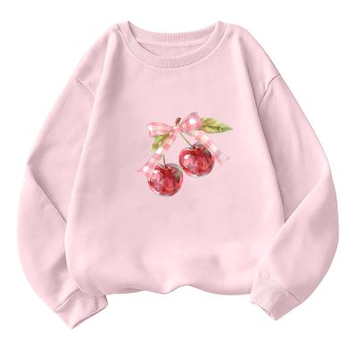 Akklian Cute Sweatshirt for Women Cherry Bow Print Long Sleeve Kawaii Pullover Oversized Loose Teen Girl Preppy Clothes Pink