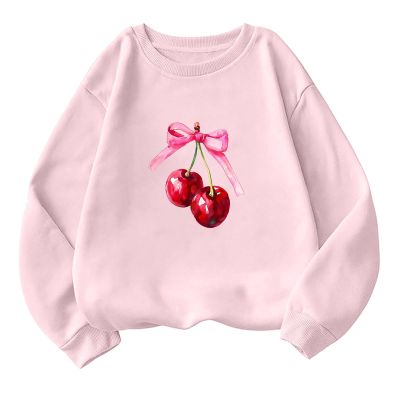 Akklian Cute Sweatshirt for Women Cherry Bow Print Long Sleeve Kawaii Pullover Oversized Loose Teen Girl Preppy Clothes Pink