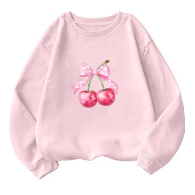 Akklian Cute Sweatshirt for Women Cherry Bow Print Long Sleeve Kawaii Pullover Oversized Loose Teen Girl Preppy Clothes Pink
