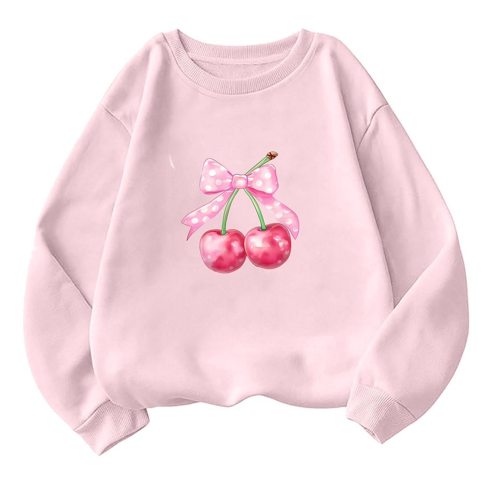 Akklian Cute Sweatshirt for Women Cherry Bow Print Long Sleeve Kawaii Pullover Oversized Loose Teen Girl Preppy Clothes Pink