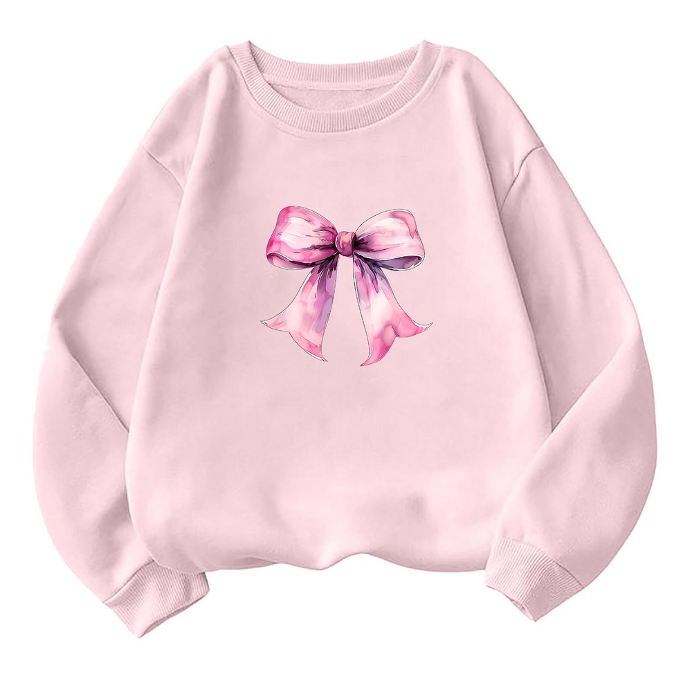 Akklian Cute Sweatshirt for Women Cherry Bow Print Long Sleeve Kawaii Pullover Oversized Loose Teen Girl Preppy Clothes Pink