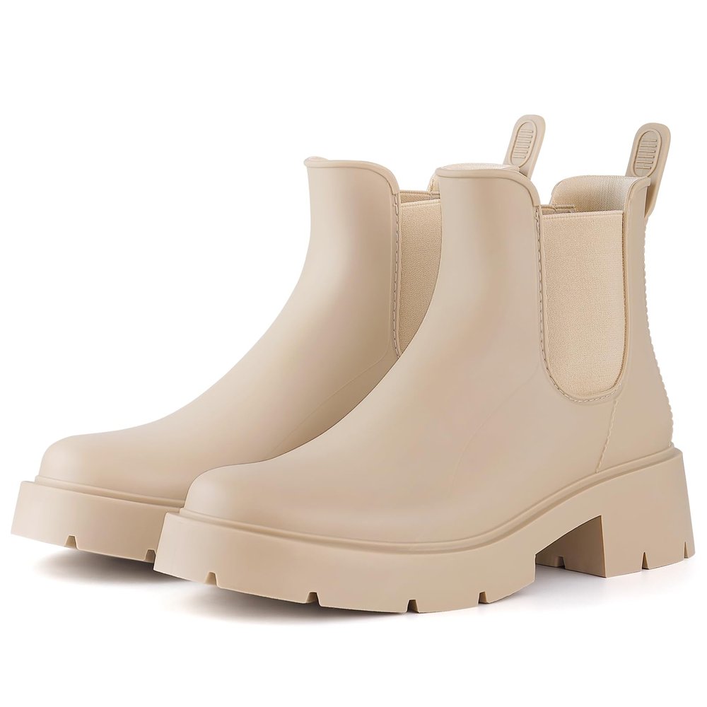 Asgard Women's Platform Ankle Rain Boots Waterproof Chelsea Boots Short Rubber Booties with Chunky Heel, Platform Nude 40