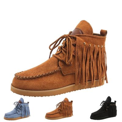 ZJWBB Women's Vintage Cowboy Fringed Ankle Boots,Lightweight Comfy Flat Bottom Increased Combat Booties Outdoor Fringe Western Shoes