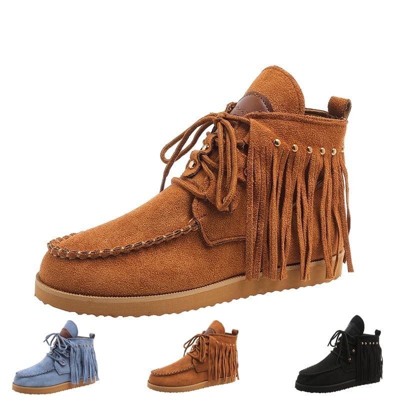 ZJWBB Women's Vintage Cowboy Fringed Ankle Boots,Lightweight Comfy Flat Bottom Increased Combat Booties Outdoor Fringe Western Shoes