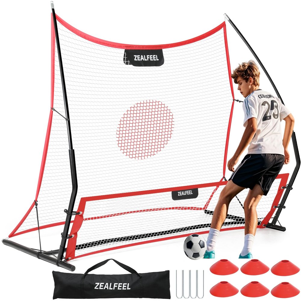 ZEALFEEL Soccer Rebounder, 2-in-1 Soccer Rebound Net, 6'x4.7' Large Net & 6'x16" Small Net, Soccer Bounce Back Net Practice for Team Volley Passing Solo Training, Football Trainer with Carry Bag Cones