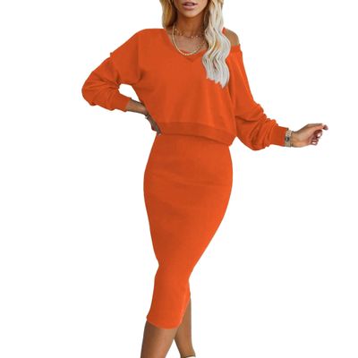 NineFit Basics Women 2 Piece Skirt Set Long Sleeve Fashion V Neck Off Shoulder Knit Tunic Tops Loose High Waisted Dress Sets Outfits (Medium,Orange)