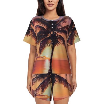 SSIMOO Sunset Palm Women'S Round Neck Short Sleeve Pajama Set,Stylish Comfortable Hort Sleeve Shorts Set Black
