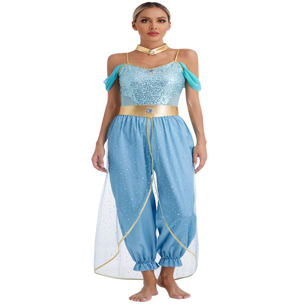 Zaldita Women's Arabian Princess Costume One Piece Harem Pants Jumpsuits Belly Dance Halloween Blue XX-Large