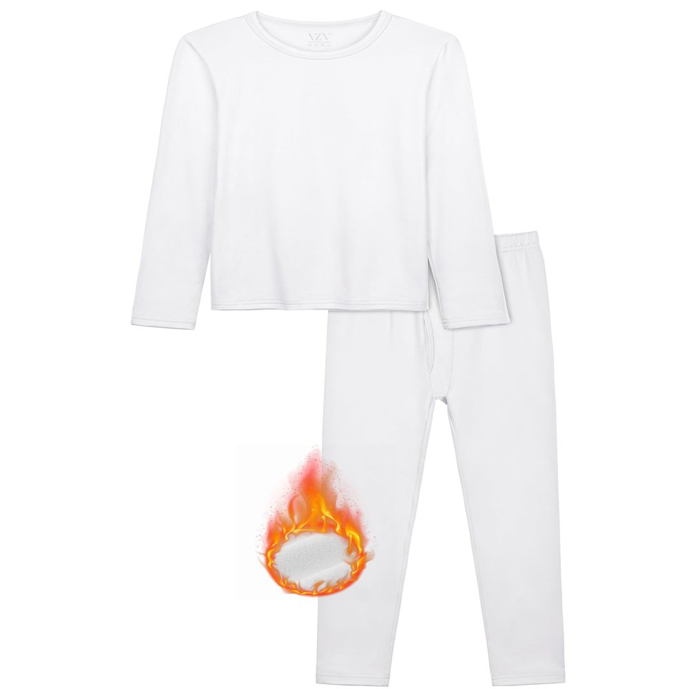 VZV Kids Thermal Underwear Set, Boys Underwear Thermals Set, Fleece Lined Base Layers Top Bottom for Skiing Cold Weather White