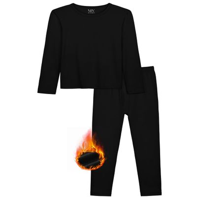 VZV Kids Thermal Underwear Set, Boys Underwear Thermals Set, Fleece Lined Base Layers Top Bottom for Skiing Cold Weather Black