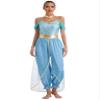 LiiYii Women's 2Pcs Arabian Princess Costume Halloween Cosplay Jumpsuits with Shiny Choker Collar Blue Medium view 1