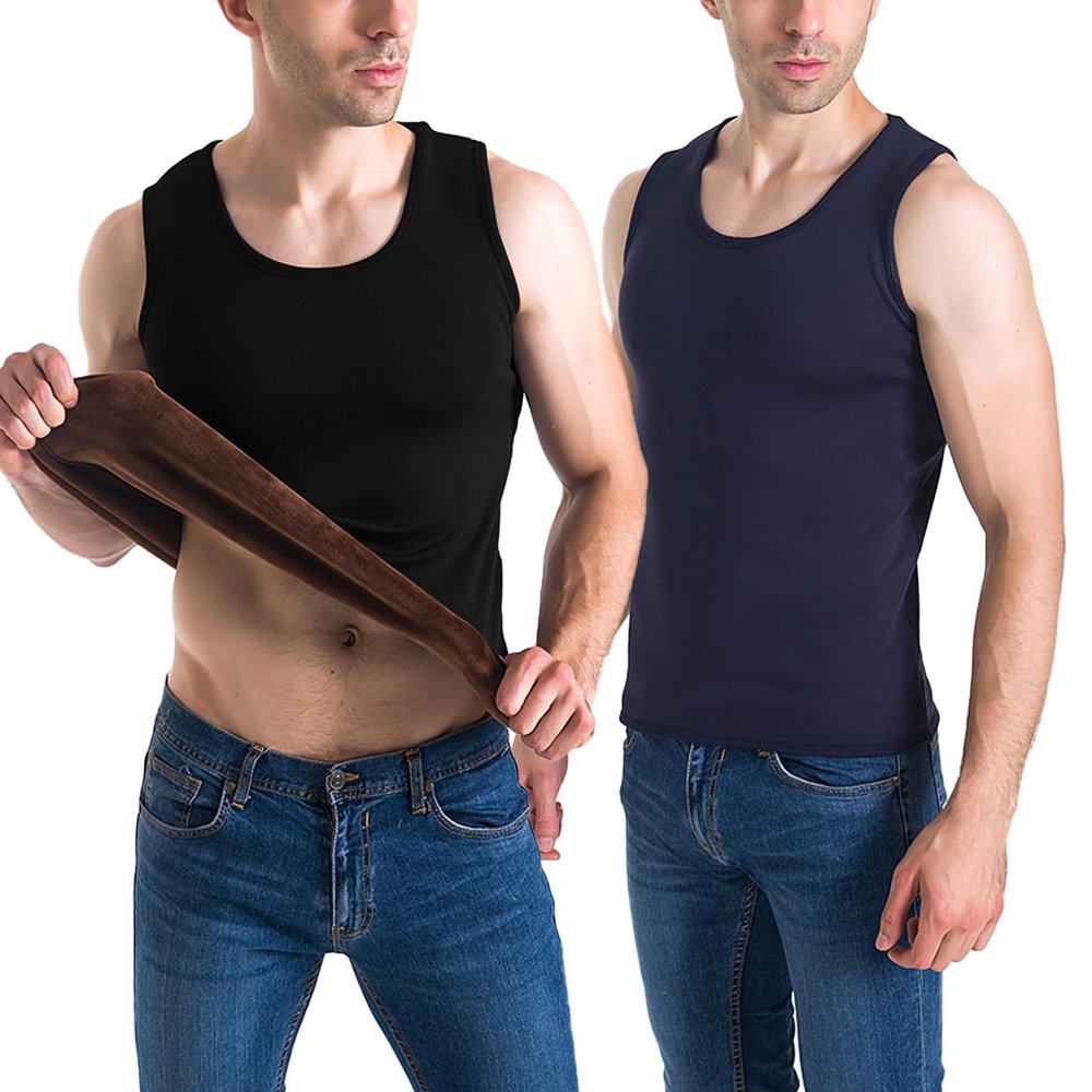 Flygo 2 Pack Thermal Tank Top Men Cotton Winter Warm Fleece Lined Underwear Sleeveless Vest Undershirt(Black+Navy-L)