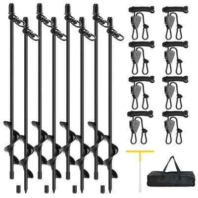 Fuuner 8 Pack Screw-in Tent Stakes, 17.7" Heavy Duty Spiral Ground Anchors (8mm Solid Steel, 1.5" Helix) w/ 88ft Ratchet Guy Lines, M12 Wrench & Bag for Camping Tents, Canopies, Tarps, Beach Sand
