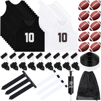 Meooeck 20 Player Flag Football Set Training Equipment Include Flag, Jersey, Football, Belt, Cone(Black White)