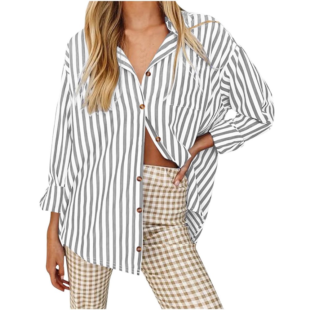 Womens Striped Button Down Shirts Oversized Tops Dressy Blouse Business Casual Long Sleeve Shirts Work Office Clothes