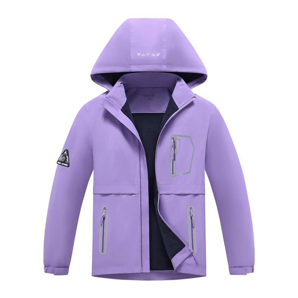 MGEOY Girls Rain Jacket Lightweight Waterproof Hooded Fleece Lined Raincoat Windbreakers for Kids Purple 10/12