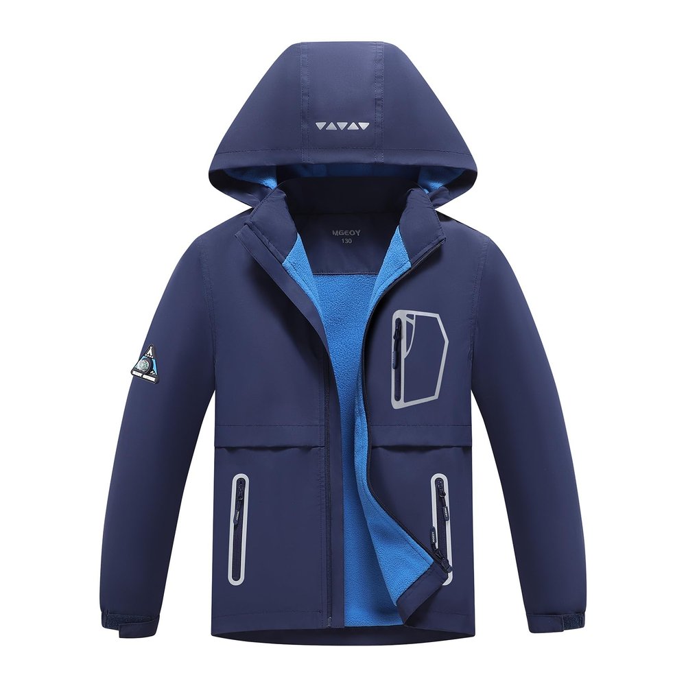 MGEOY Boys Rain Jacket Lightweight Waterproof Hooded Fleece Lined Raincoat Windbreakers for Kids Navy 8/9