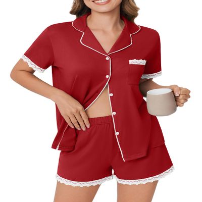 Ekouaer Womens Short Sleeve Pajamas Set Soft Sleepwear Button Down Lounge Set Lace Top and Shorts Pj Nightwear Deep Red