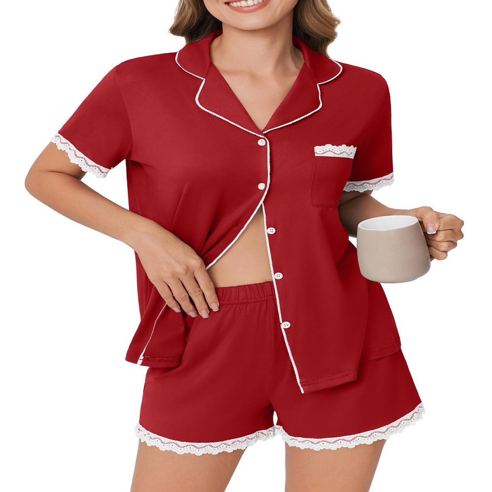 Ekouaer Womens Short Sleeve Pajamas Set Soft Sleepwear Button Down Lounge Set Lace Top and Shorts Pj Nightwear Deep Red