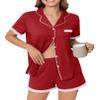Ekouaer Womens Short Sleeve Pajamas Set Soft Sleepwear Button Down Lounge Set Lace Top and Shorts Pj Nightwear Deep Red view 1