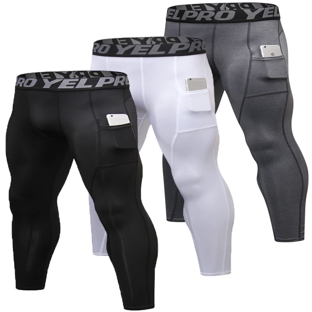 Queerier 3 Pack Men's Compression Pants Athletic Leggings with Pockets Running Baselayer Tights Cycling Workout Pants