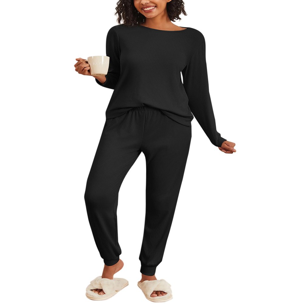 Ekouaer Womens Ribbed Knit Pajama Sets 2 Piece Jogger Pjs Long Sleeve Sleepwear Round Neck Soft Lounge Sets with Pockets Black Medium