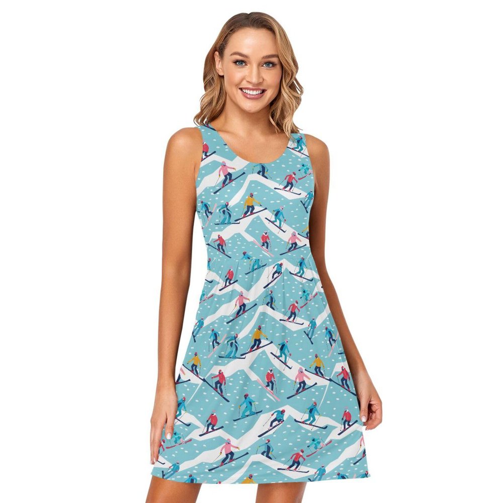 ALAZA Sports Skier Blue Women Summer Dresses Casual Sleeveless Sundress with Pockets Tank Dress S