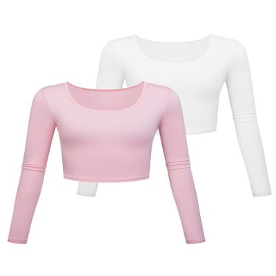Long Sleeve Crop Tops for Women Workout Basic Clothes for Teen Ladies Fitted Slim Scoop Neck Cute Yoga Shirts (White Pink 2Pack, Large)