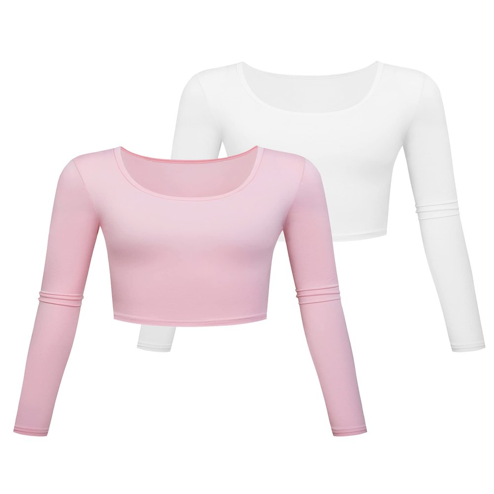 Long Sleeve Crop Tops for Women Workout Basic Clothes for Teen Ladies Fitted Slim Scoop Neck Cute Yoga Shirts (White Pink 2Pack, Large)