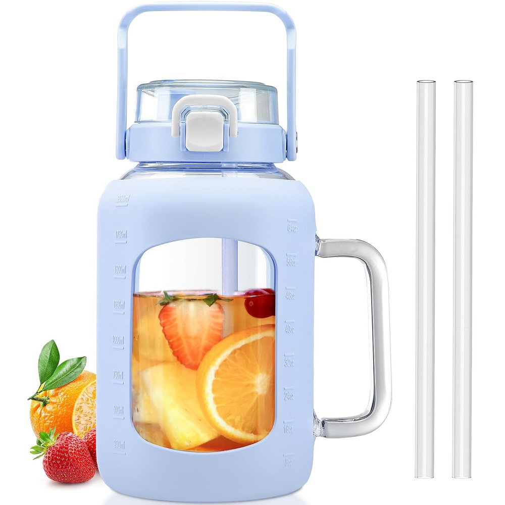 BLUEGO 64 oz Glass Water Bottle with Straw, Tumbler, Half Gallon, BPA Free, Light Blue, Sports, Daily Use, Travel, Hiking, Running, Cycling, Fitness
