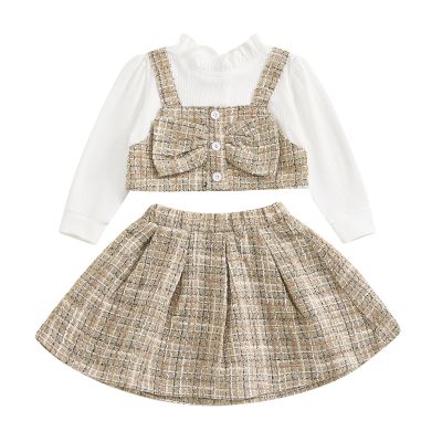 Honganda Toddler Baby Girl Tweed Skirt Set Ruffled Crew Neck Long Sleeve Fake Two-piece Crop Top+Short Skirt Fall Outfit (Khaki, 2-3T)